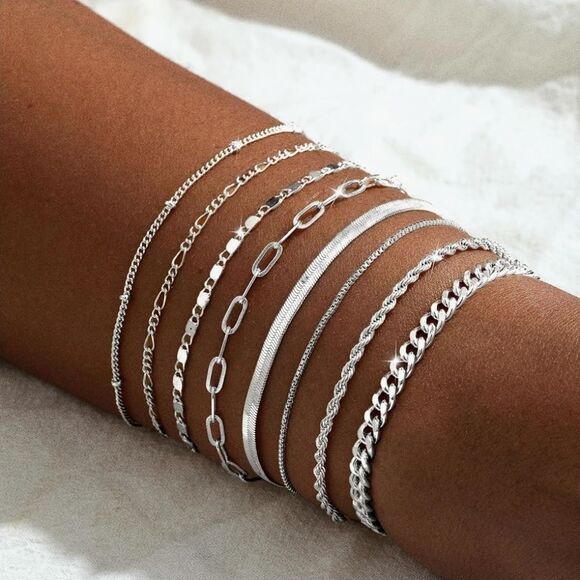 🩵NIB Elegant Sterling Silver Plated 8-Piece Chain Bracelet Set - Picture 4 of 12